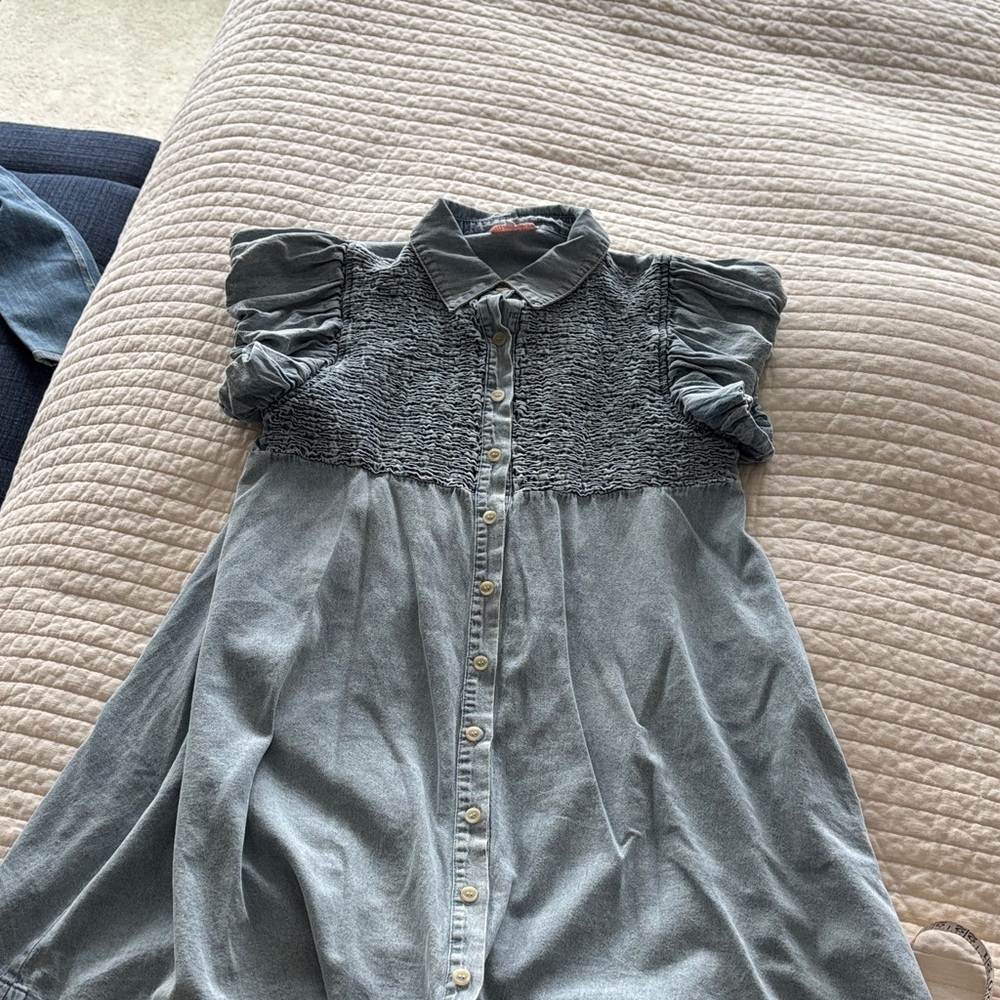 Denim  Button-Up Dress with Ruffled Sleeves
